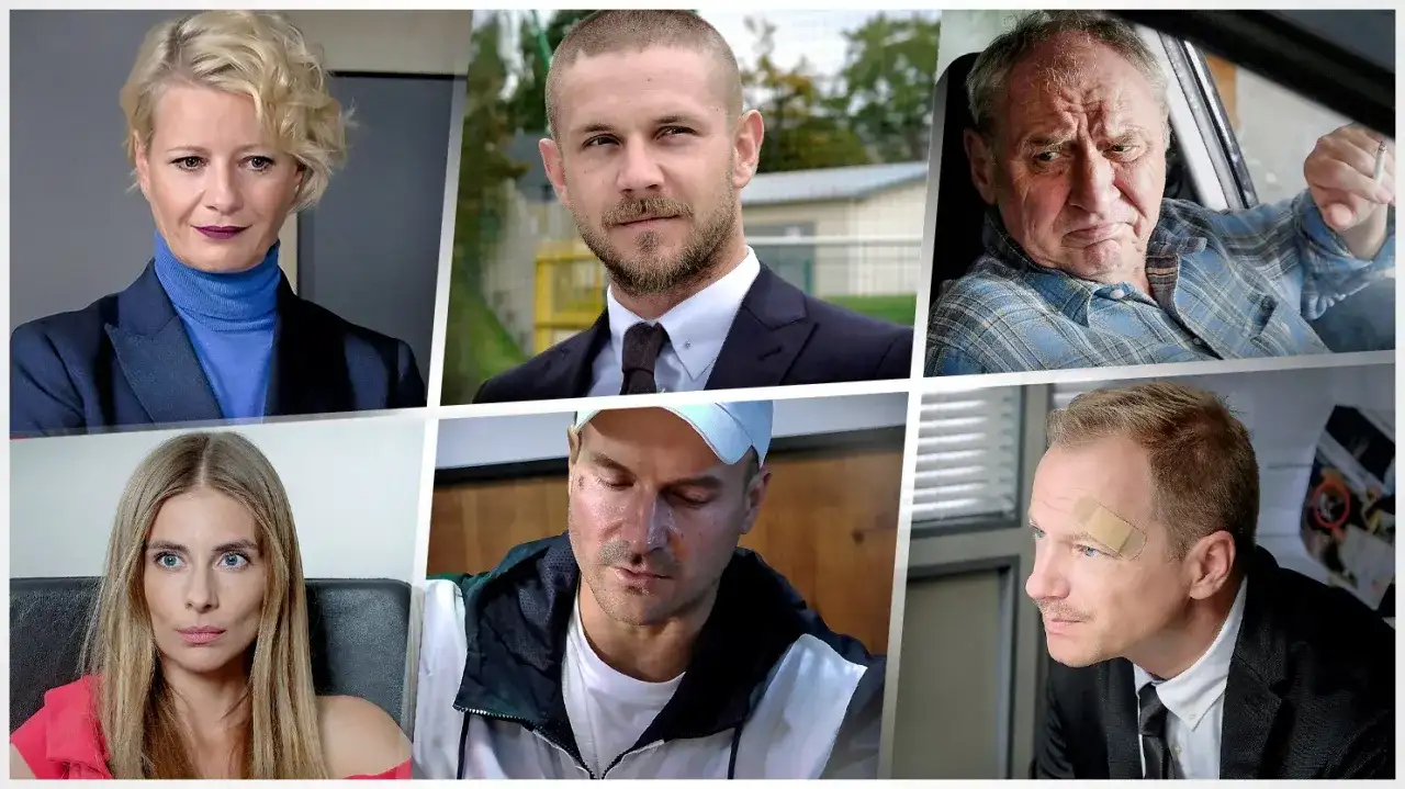 Portretowa kolaż z "The Boys" obsada: Kobieta w granatowym żakiecie, mężczyzna w garniturze, starszy mężczyzna w kratce, kobieta w różowej bluzce, mężczyzna w czapce i mężczyzna z plastrem na czole.