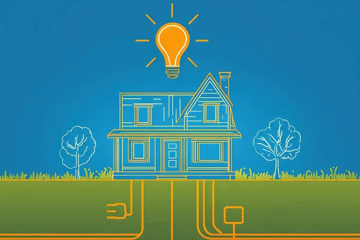 Ilustracja domu z żarówką nad nim symbolizuje efektywność energetyczną budynku. Pod ziemią widoczne są przewody elektryczne.