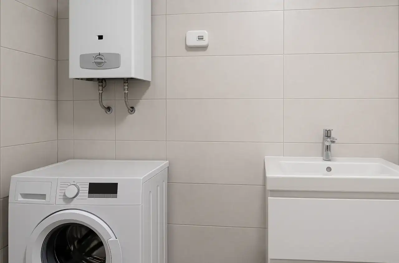 Czujnik czadu zamontowany na ścianie nad pralką i podgrzewaczem wody. W łazience znajduje się też umywalka.