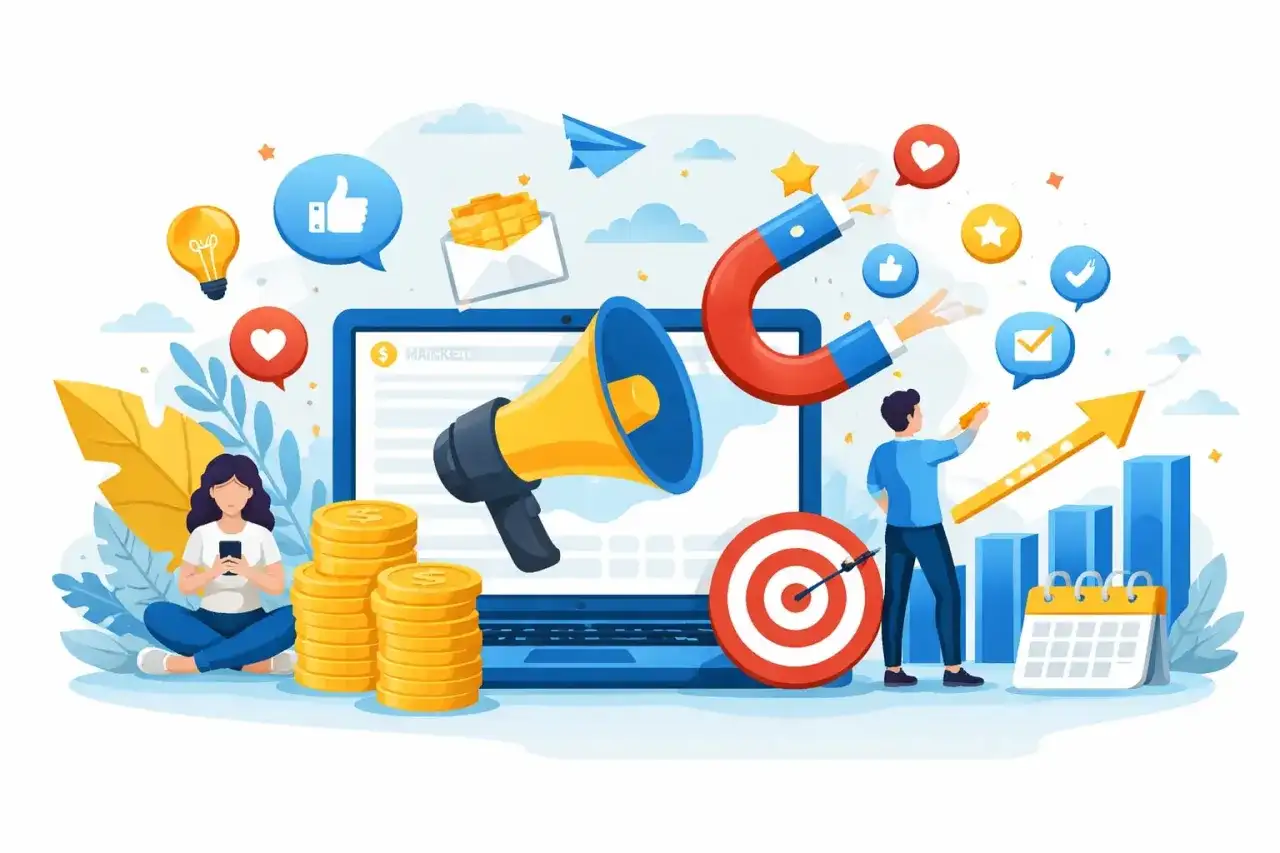 Ilustracja przedstawia elementy skutecznej reklamy cyfrowej: laptop, megafon, magnes przyciągający ikony social media, wykresy wzrostu, stosy monet i cel.