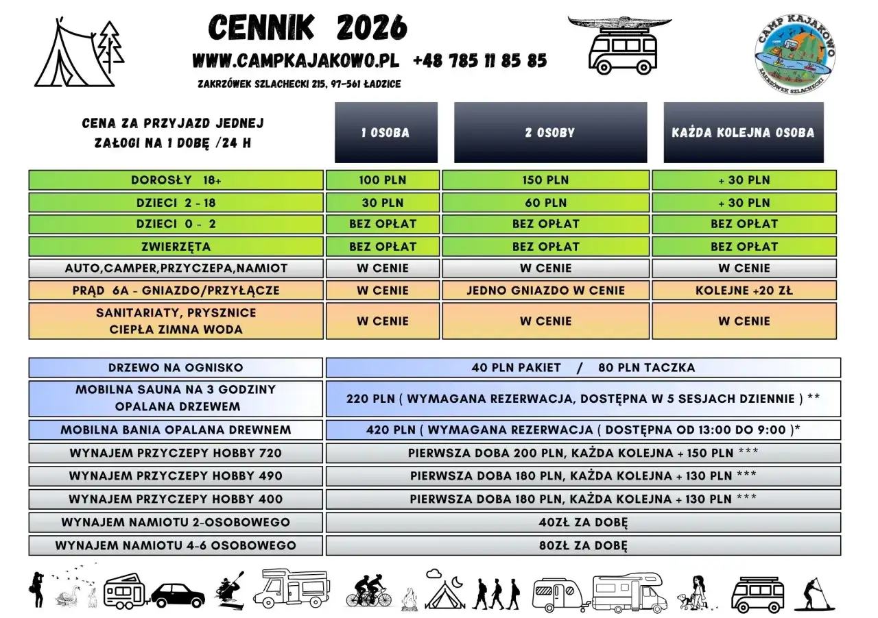 Cennik 2026: ile kosztuje pole namiotowe? Ceny za osobę, dzieci, zwierzęta, prąd, sanitariaty, wynajem namiotu i przyczepy.