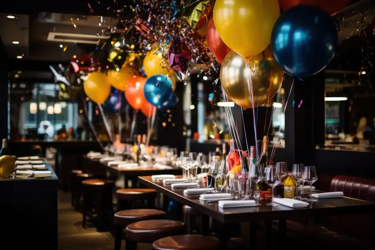 Uroczyste przyjęcie z balonami i konfetti. Zastanawiasz się, ile kosztuje 18 na 40 osób?