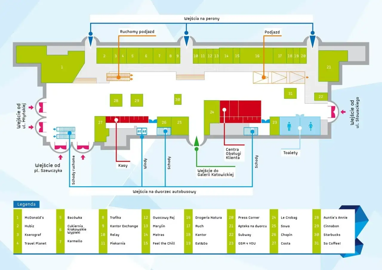Mapa dworca PKP Katowice: gdzie zaparkować w Katowicach przy dworcu PKP? Zobacz schemat wejść, podjazdów i lokalizacji punktów usługowych.