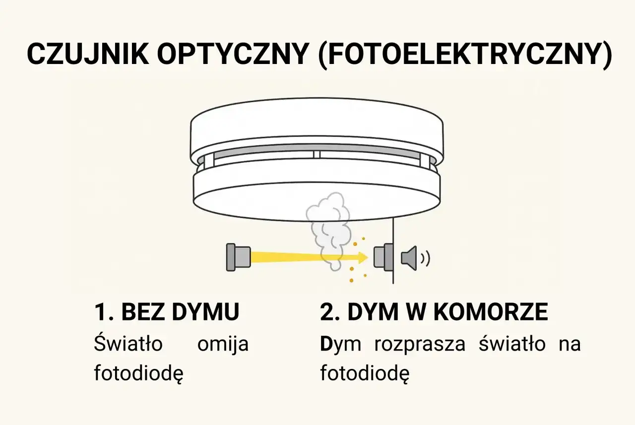 Ilustracja pokazuje, jak wygląda czujnik dymu. Bez dymu światło omija fotodiodę, a z dymem jest rozpraszane.
