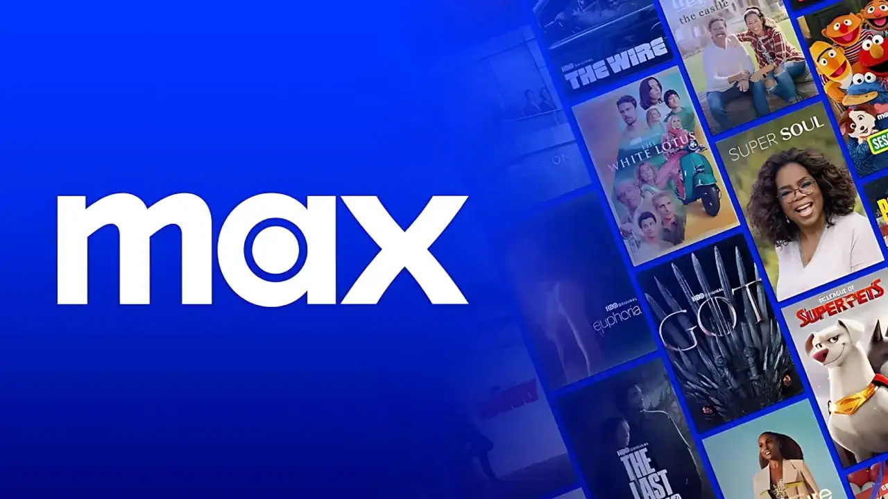 Logo "max" na niebieskim tle z kolażem okładek seriali i filmów.