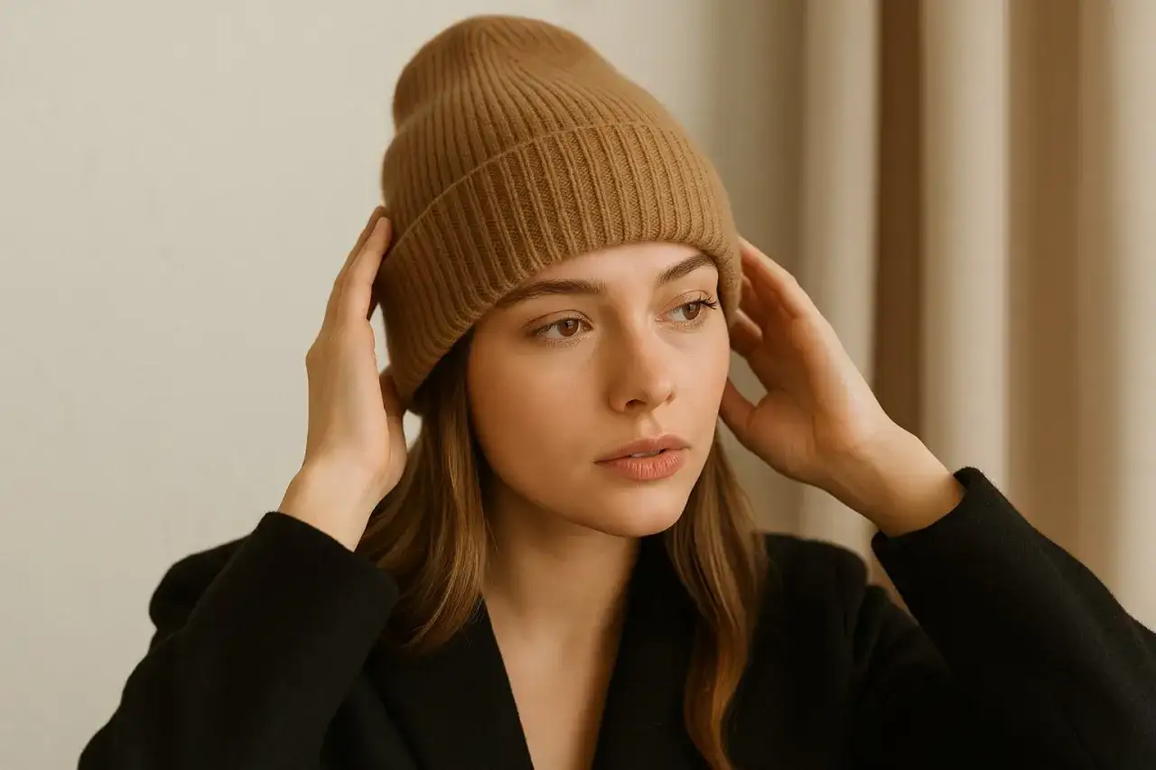 Młoda kobieta w czarnej marynarce i ciepłej, brązowej czapce damskiej poprawia ją na głowie.