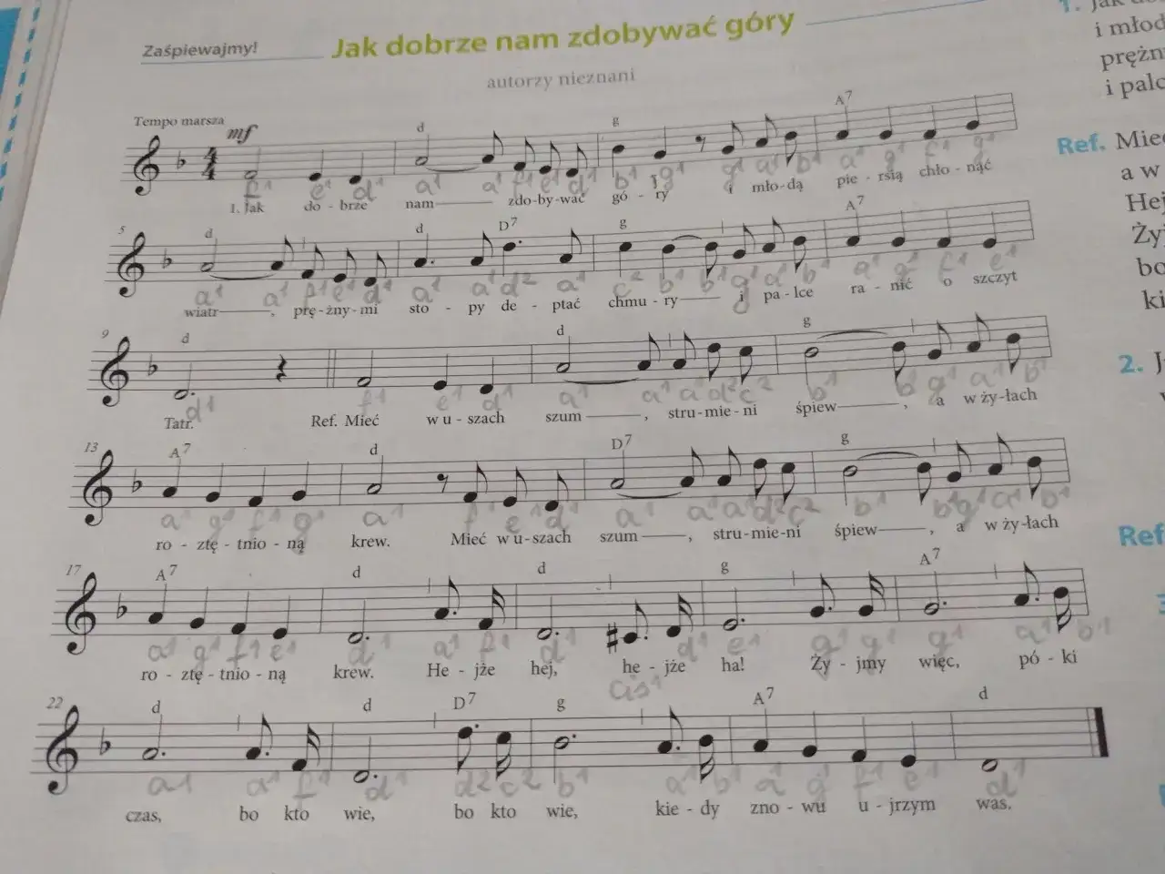 Nuty z tekstem piosenki "Jak dobrze nam zdobywać góry". Widać fragmenty zwrotek i refrenu.