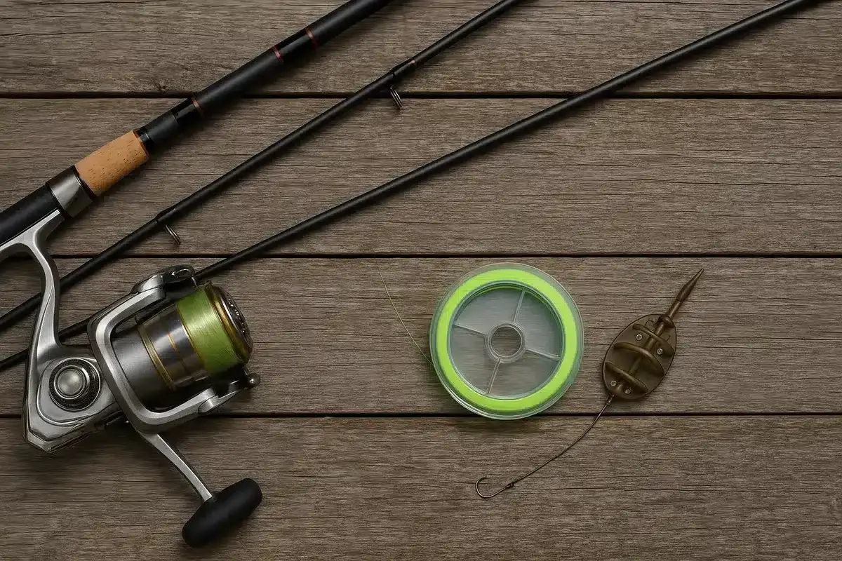 Wędka, kołowrotek, żyłka, haczyk i podajnik do metody feeder na drewnianym tle.