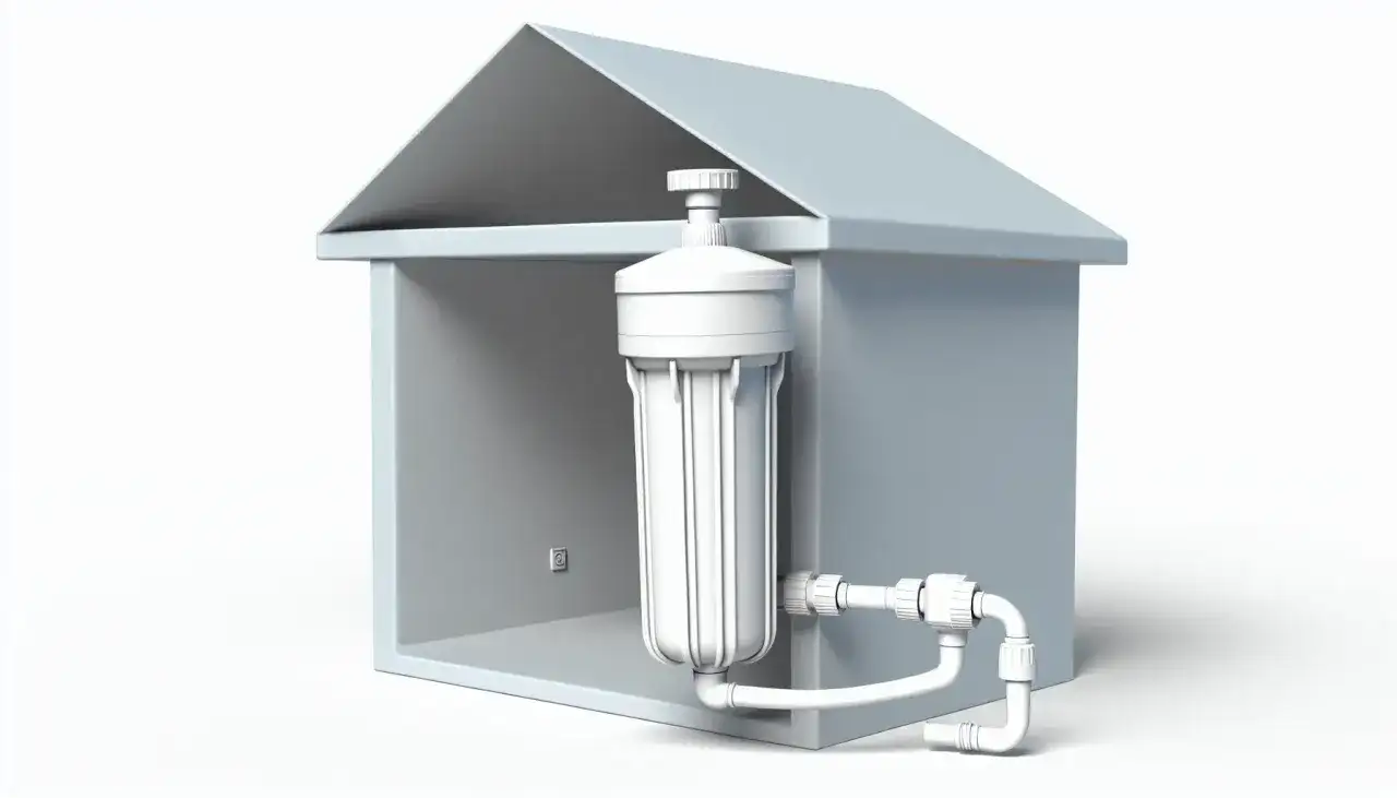 Schemat domu z zamontowanym filtrem wody i rurami.