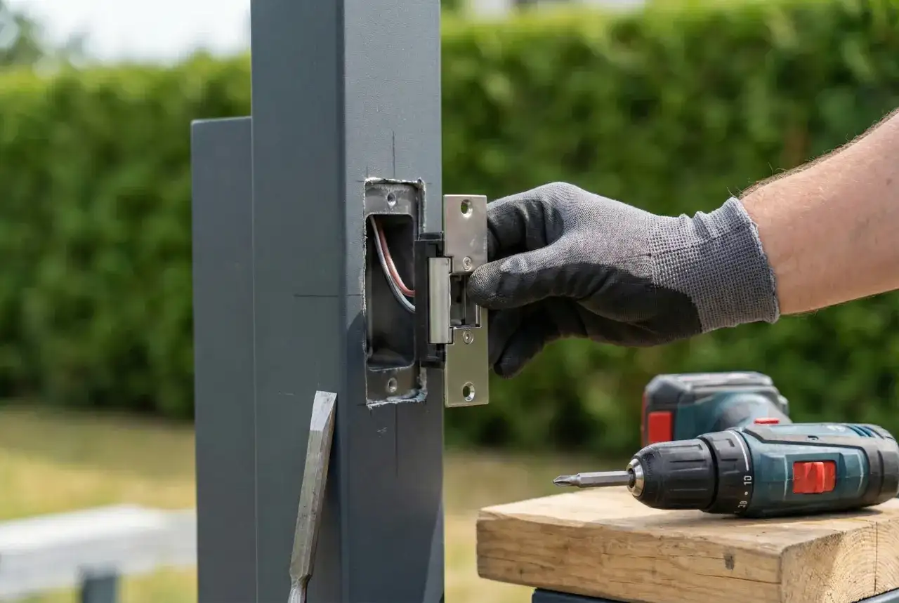 Montaż elektrozaczepu do drzwi. Ręka w rękawicy przykręca element do słupka. Obok wiertarko-wkrętarka.