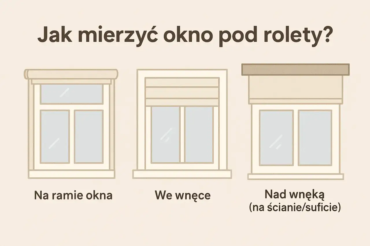 Jak zmierzyć okno na rolety? Trzy sposoby montażu: na ramie, we wnęce i nad wnęką.