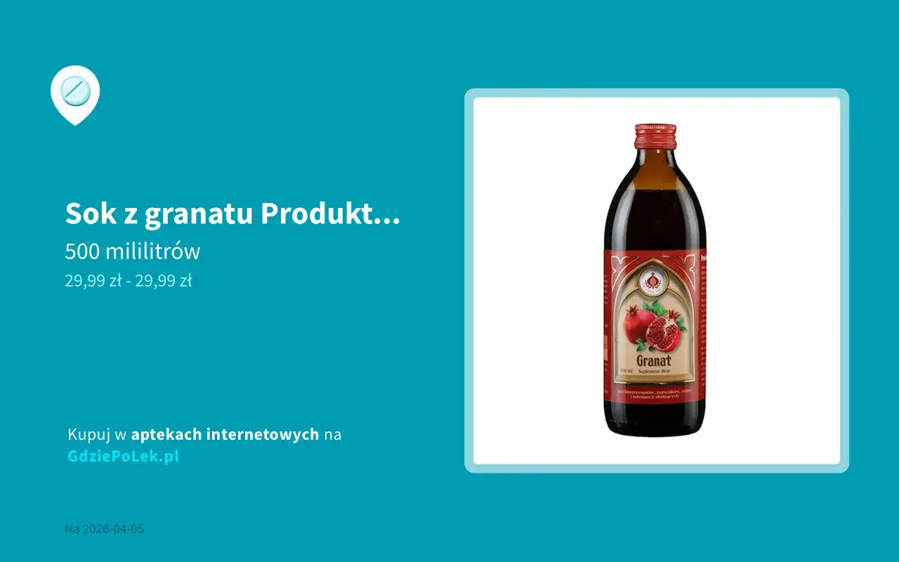 Butelka soku z granatu z etykietą przedstawiającą owoce granatu.