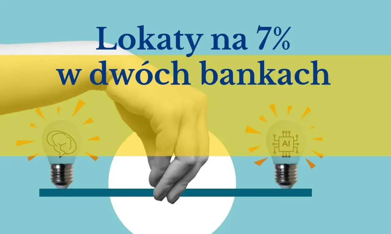 Dłoń trzyma żarówkę z mózgiem i żarówkę z symbolem AI. Tekst: Lokaty na 7% w dwóch bankach.