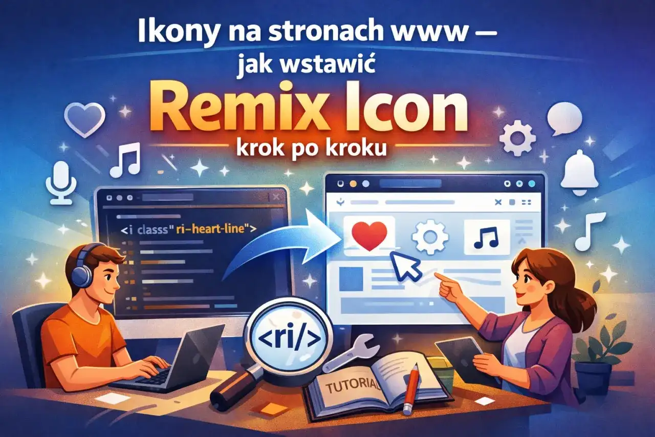 Ilustracja pokazuje, jak dodać ikonę strony html. Dwie osoby pracują przy komputerach, a na ekranach widać kod i gotową stronę z ikonami.