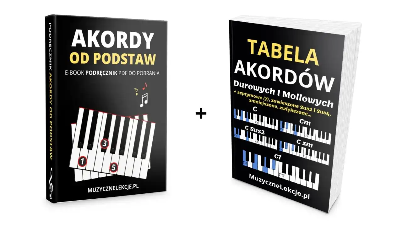 Dwie książki: "Akordy od podstaw" i "Tabela akordów" z przykładami chwytów na pianino.