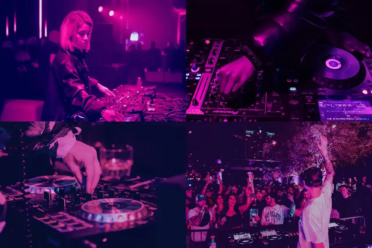 Kolaż zdjęć DJ-ów przy konsolach i na scenie z tłumem.