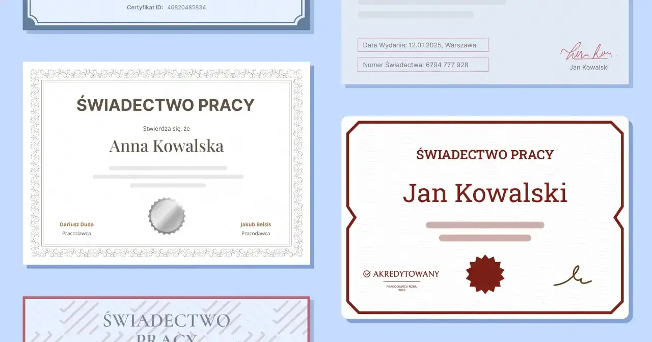 Świadectwo pracy dla Anny Kowalskiej i Jana Kowalskiego. Czy po umowie zlecenie jest świadectwo pracy? Dokumenty potwierdzają zatrudnienie.