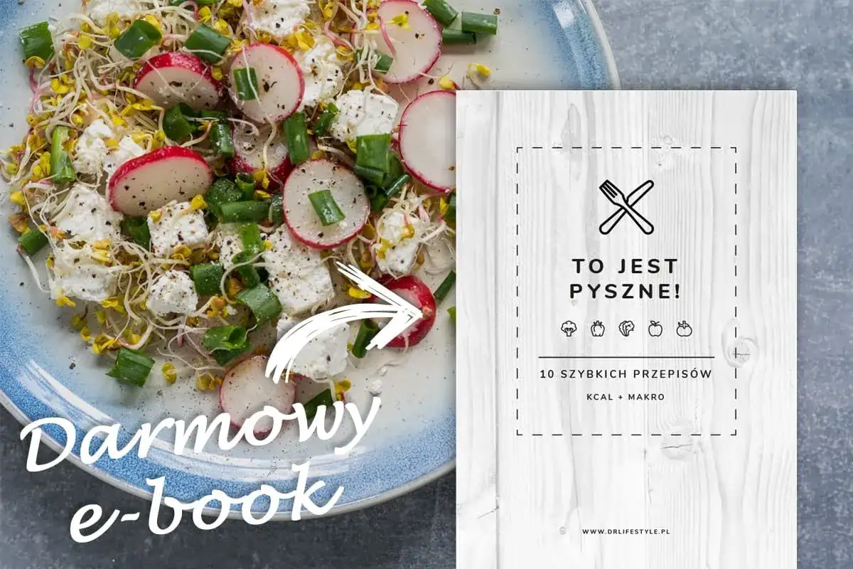 Sałatka z kiełków, rzodkiewki i sera feta obok okładki darmowego e-booka z przepisami.