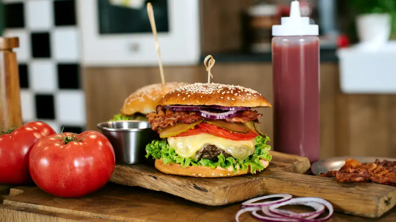 Soczysty burger wołowy z bekonem, serem i warzywami na desce, obok pomidorów i sosu.