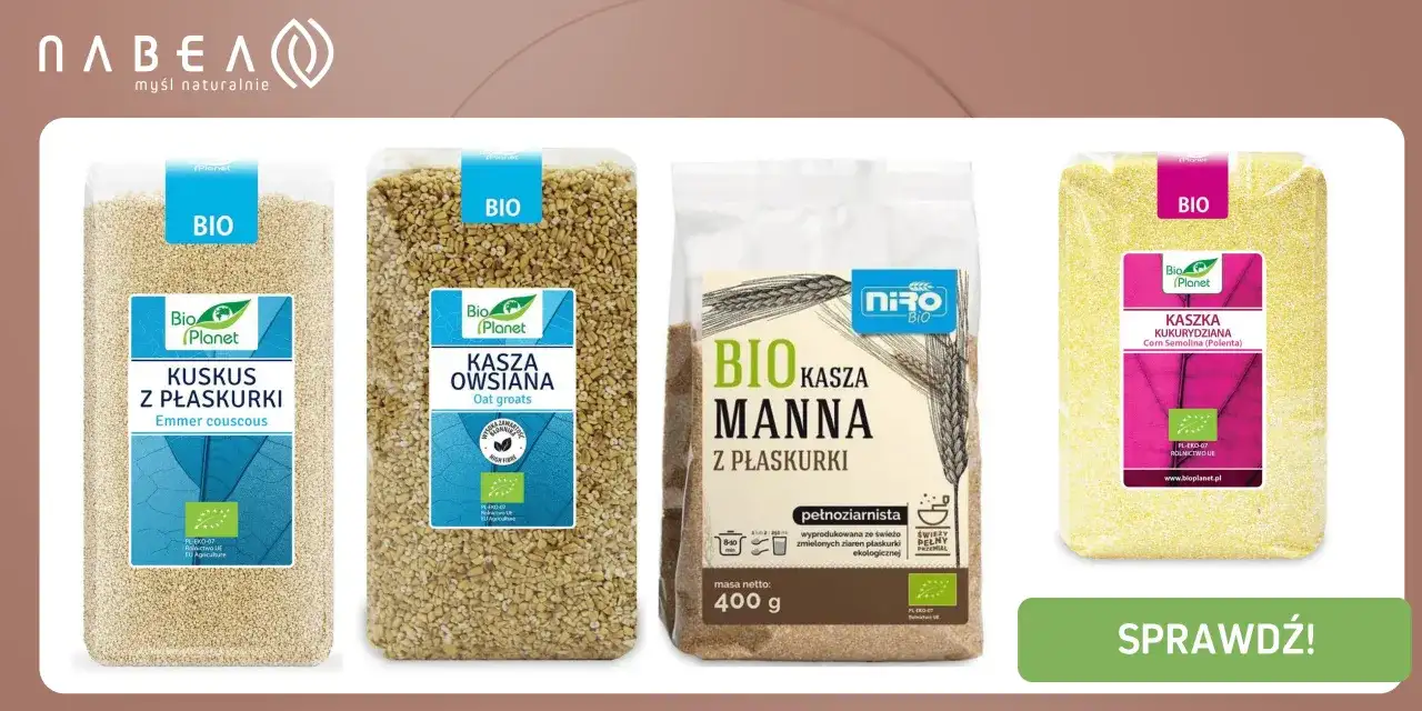 Co zrobić z ugotowanej kaszy manny? Sprawdź nasze bio produkty: kaszę z płaskurki, owsianą, mannę z płaskurki i kukurydzianą.