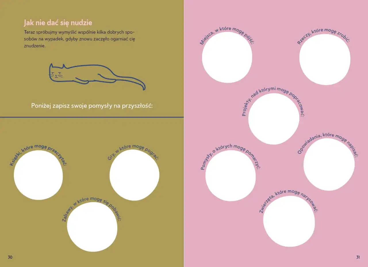 Zapisz swoją listę emocji i pomysłów na przyszłość: miejsca, rzeczy, projekty, gry, zabawy, marzenia, zwierzęta, opowiadania.