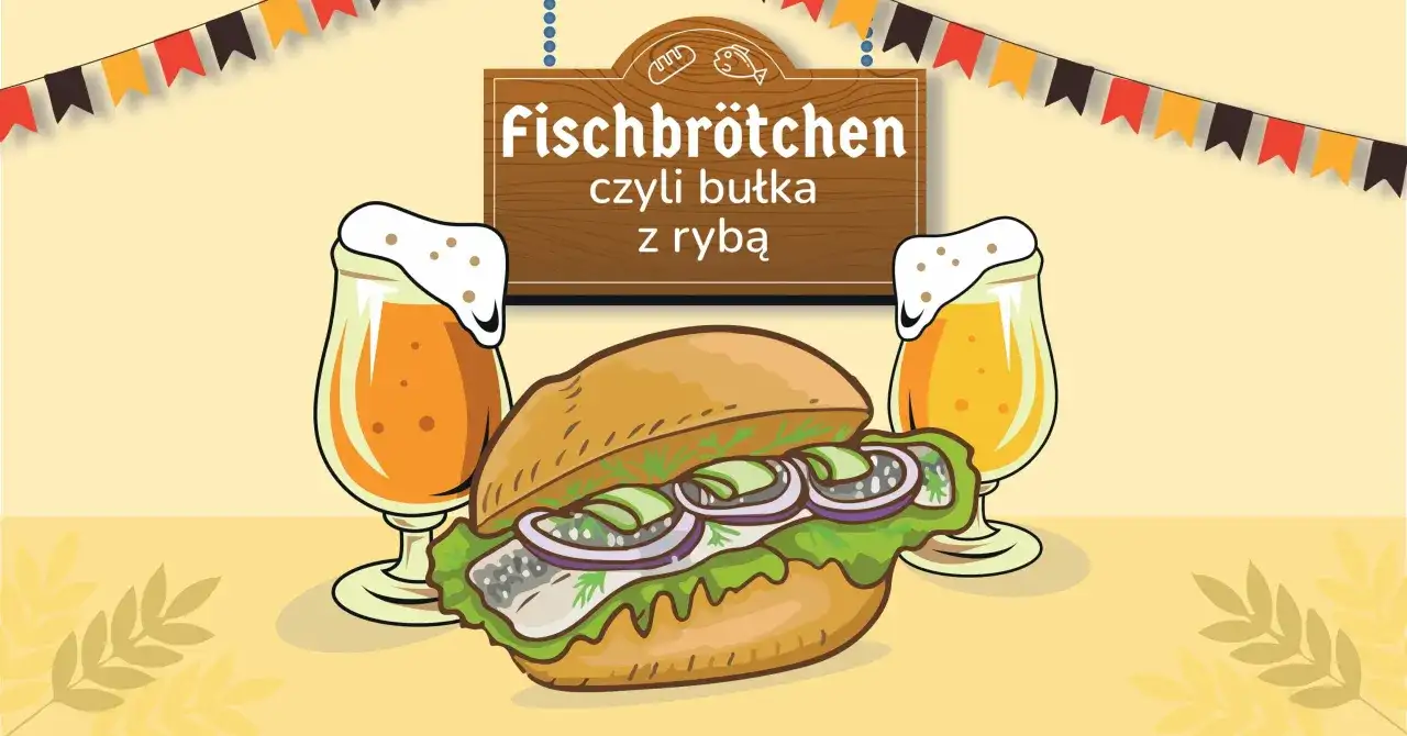 Kanapka po niemiecku, czyli Fischbrötchen z rybą, sałatą i cebulą, obok dwóch piw.