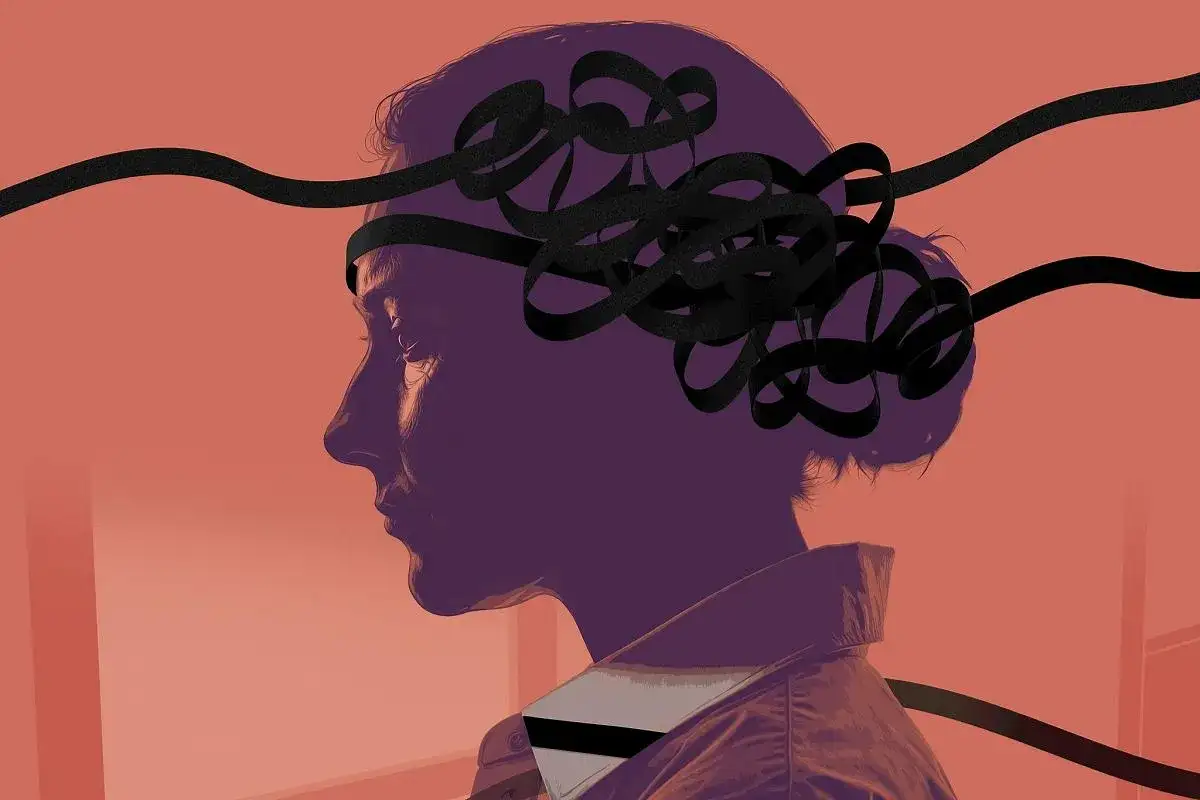 Profil kobiety z czarnymi wstążkami oplatającymi głowę, symbolizującymi trudne wyniki sekcji zwłok dla rodziny.