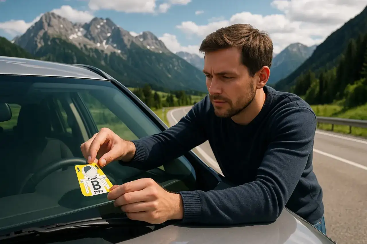Mężczyzna przykleja winietę na szybę, przygotowując się do podróży samochodem przez malownicze góry Austrii.