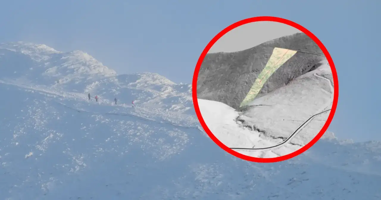 Zimowy krajobraz Karkonoszy z narciarzami. W czerwonym okręgu mapa z zaznaczoną trasą, która może być niebezpieczna, niczym rynna śmierci.