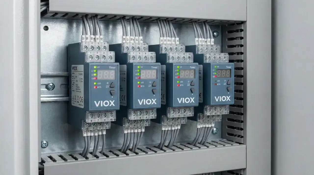 Cztery moduły VIOX, każdy z wyświetlaczem cyfrowym i diodami LED, podłączone przewodami w szafie sterowniczej. To zaawansowane przekaźniki czasowe, nie styczniki.