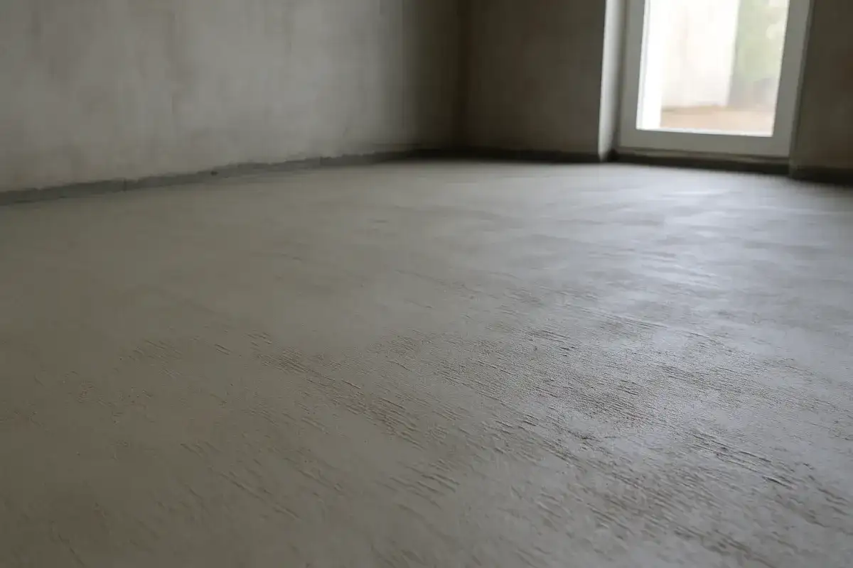 Świeżo wylana podłoga cementowa w pustym pomieszczeniu z oknem.