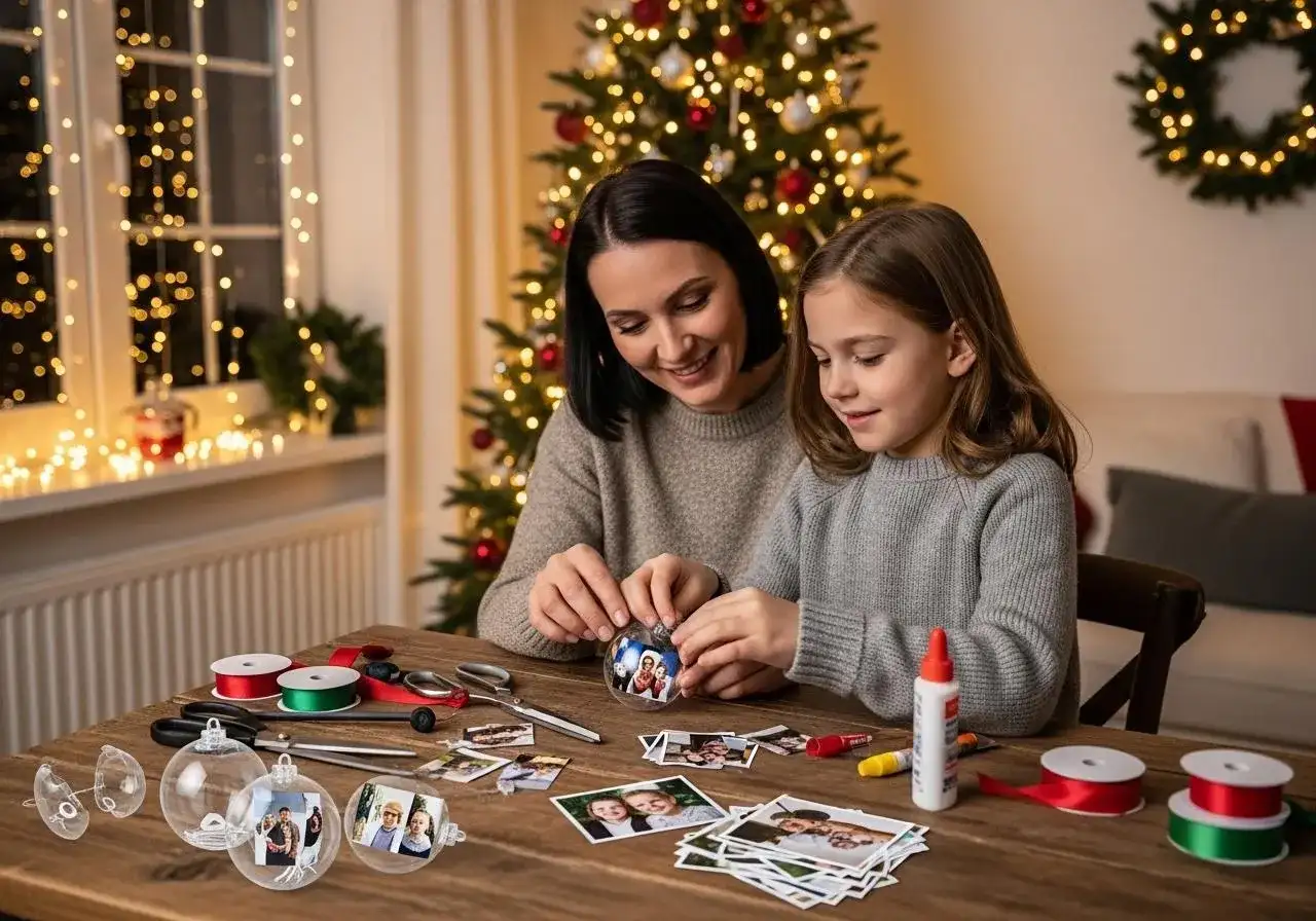 Mama i córka tworzą bombkę ze zdjęciem. Wesołe święta i jak zrobić własną, spersonalizowaną ozdobę.