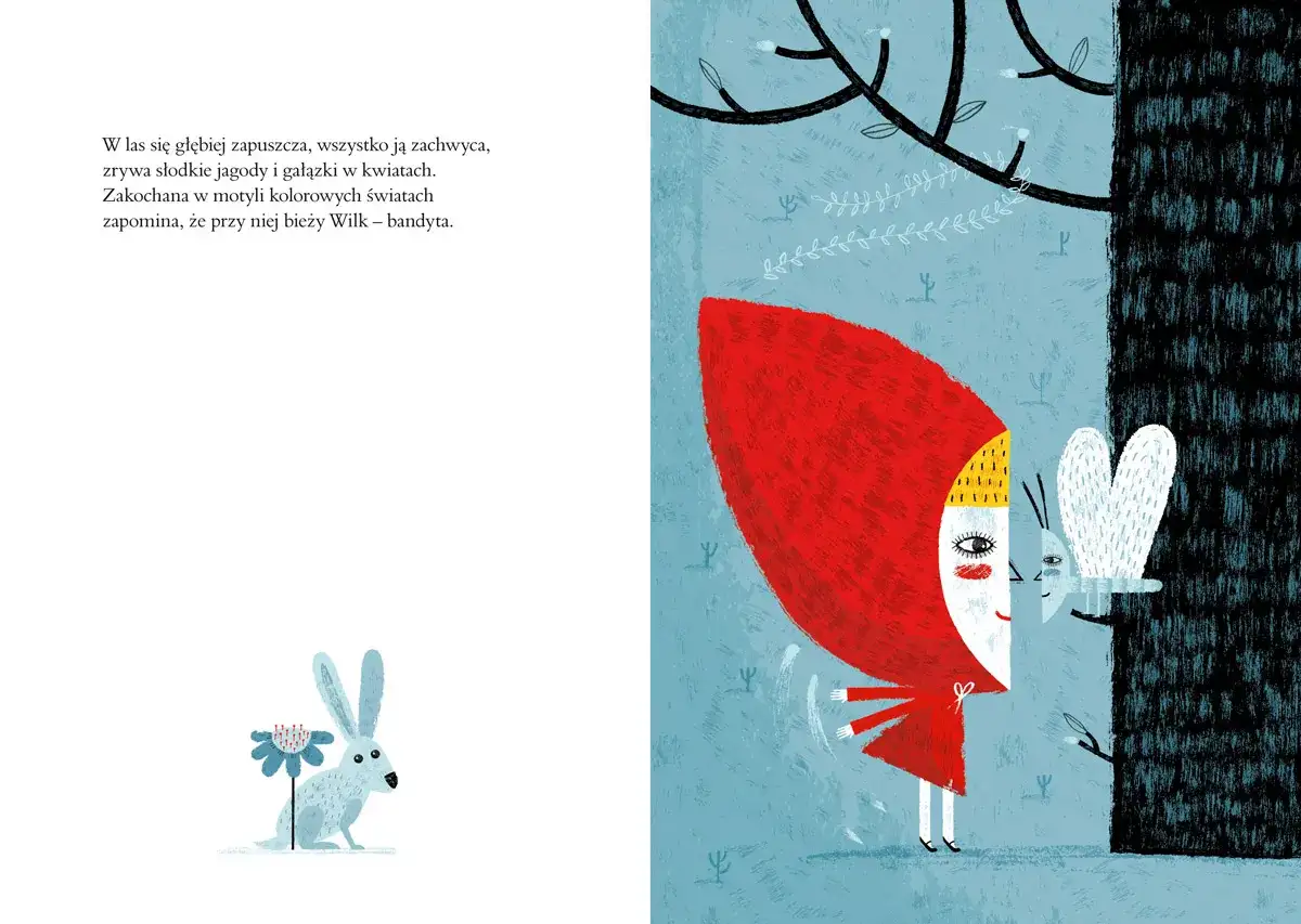 Ilustracja z Czerwonym Kapturkiem i wilkiem. Kto jest autorem książki Czerwony Kapturek? To pytanie zadaje sobie wielu czytelników.