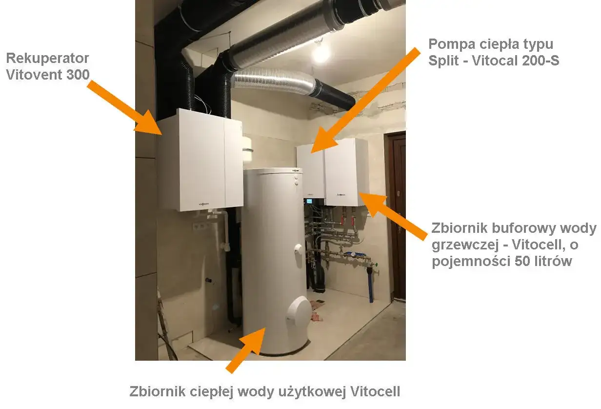 System grzewczy z pompą ciepła Vitocal 200-S, rekuperatorem Vitovent 300, zbiornikiem buforowym wody grzewczej Vitocell (50l) i zbiornikiem ciepłej wody użytkowej Vitocell.