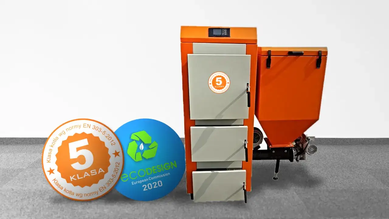 Pomarańczowy kocioł centralnego ogrzewania klasy 5, od producenta kotłów CO Piecbud, z certyfikatem EcoDesign 2020.