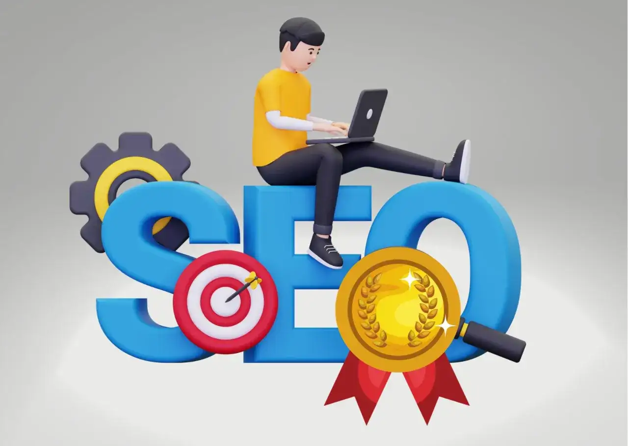 Chłopak na laptopie siedzi na literach SEO. Obok cel, medal i lupa. Jak nazwać domenę, by osiągnąć sukces?