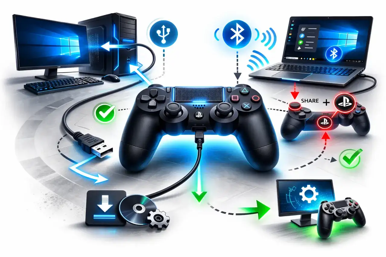 Ilustracja przedstawia podłączanie pada PS5 do komputera PC za pomocą kabla USB i Bluetooth.