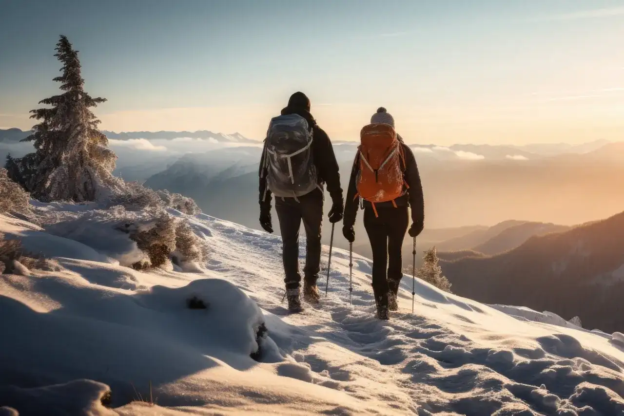 Dwie osoby z plecakami idą szlakiem w śniegu. Piękne góry zimą, zachód słońca.