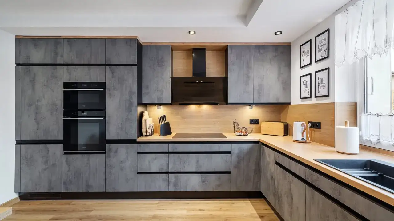 Nowoczesna kuchnia z szarymi frontami, drewnianym blatem i wbudowanym piekarnikiem 3 fazowym.