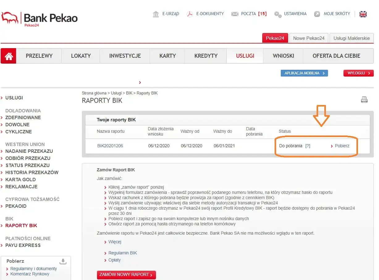 Zrzut ekranu z bankowości internetowej Pekao24, pokazujący raport BIK gotowy do pobrania.