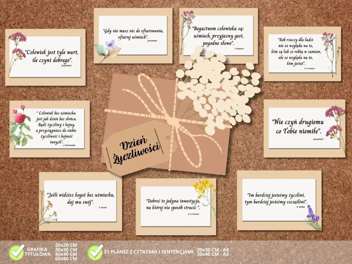 Karty z cytatami o dobroci i życzliwości, ozdobione kwiatami. "Człowiek jest tyle wart, ile czyni dobrego".