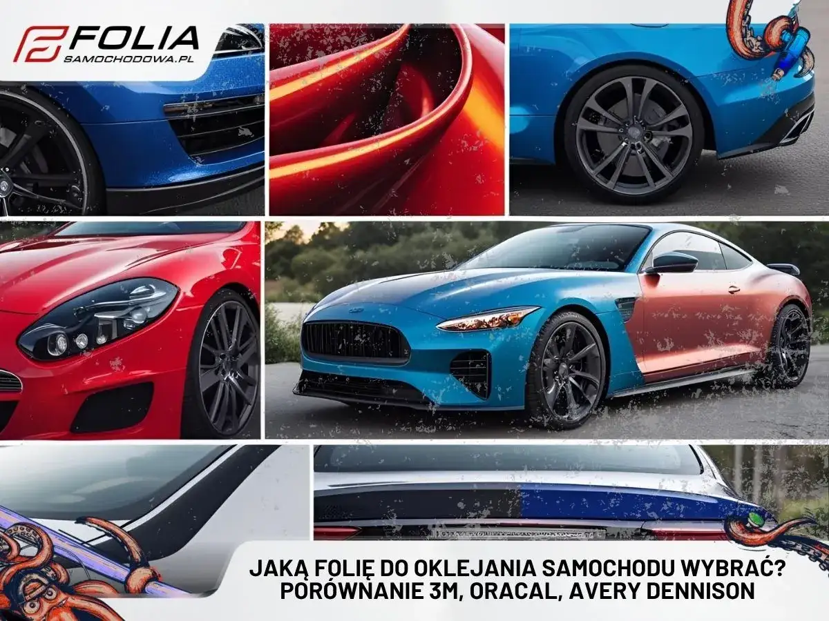 Porównanie folii samochodowych 3M, Oracal, Avery Dennison. Kolorowe auta i detale oklejone folią.