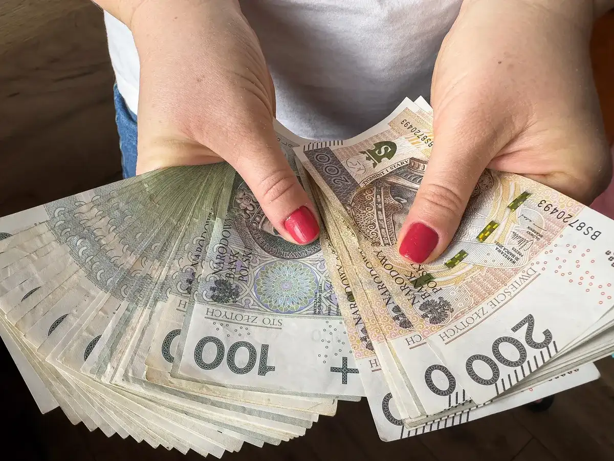 Dłonie trzymające plik polskich banknotów 100 i 200 zł. Czy muszę zadeklarować gotówkę, podróżując do Niemiec?