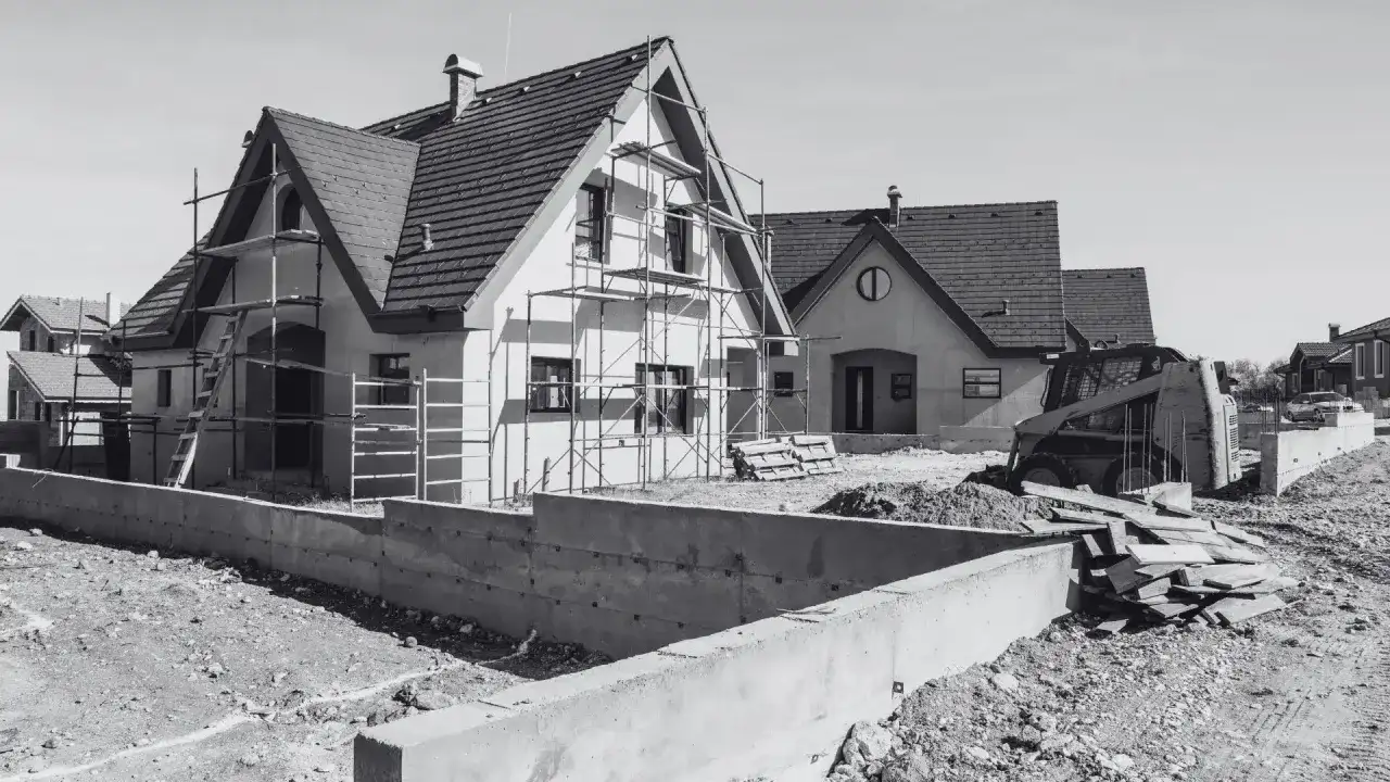 Budowa domów w toku. Scena pokazuje postęp prac, jak przenieść pozwolenie na budowę, gdy domy są w stanie surowym, z rusztowaniami i koparką.