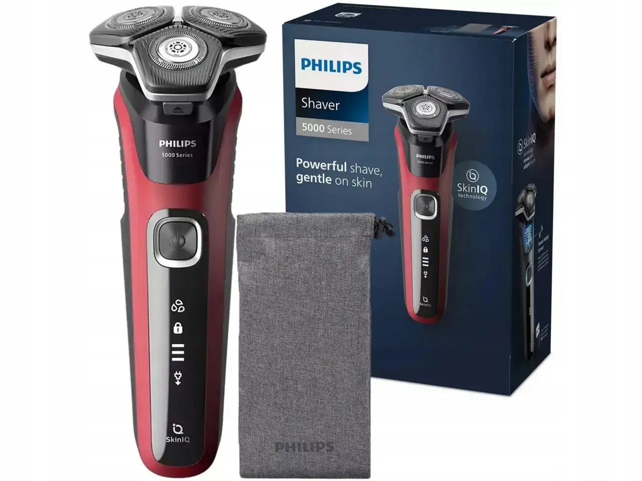 Czerwono-czarna golarka Philips 5000 Series z etui i pudełkiem.