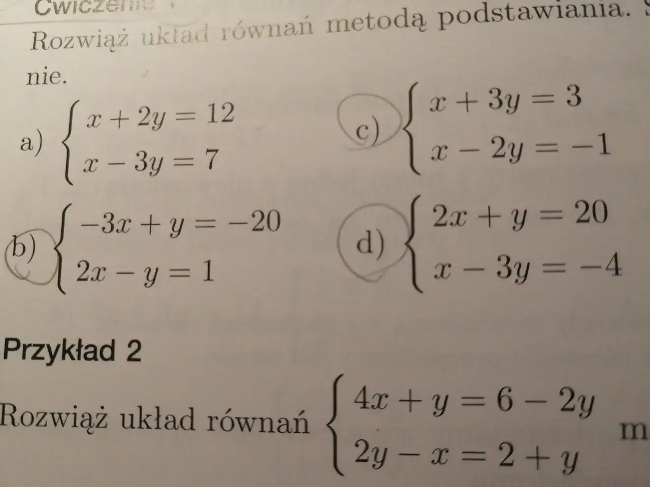 Układy równań z nawiasami klamrowymi i literami a), b), c), d).