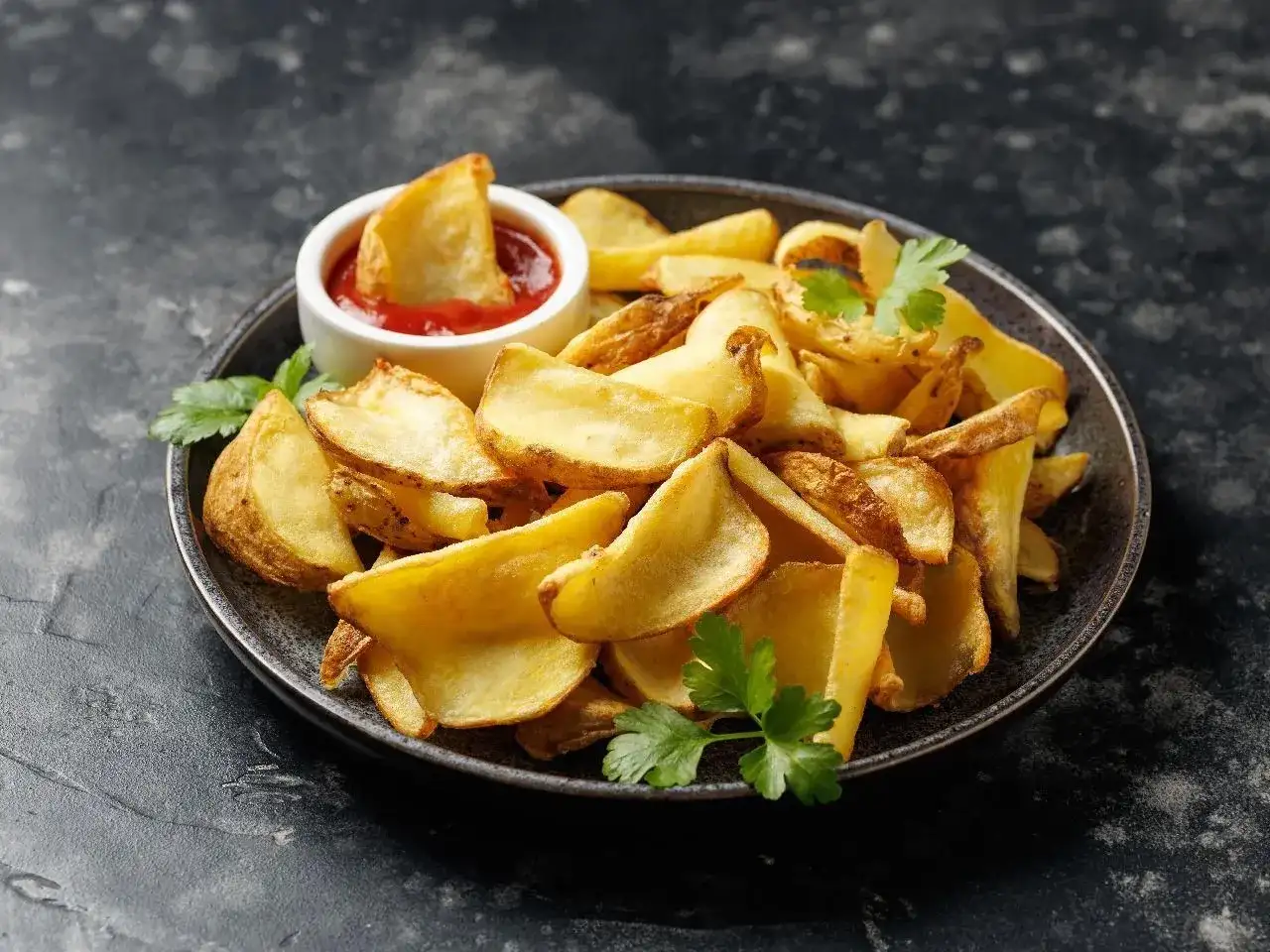 Chrupiące frytki ziemniaczane na talerzu z ketchupem i natką pietruszki.