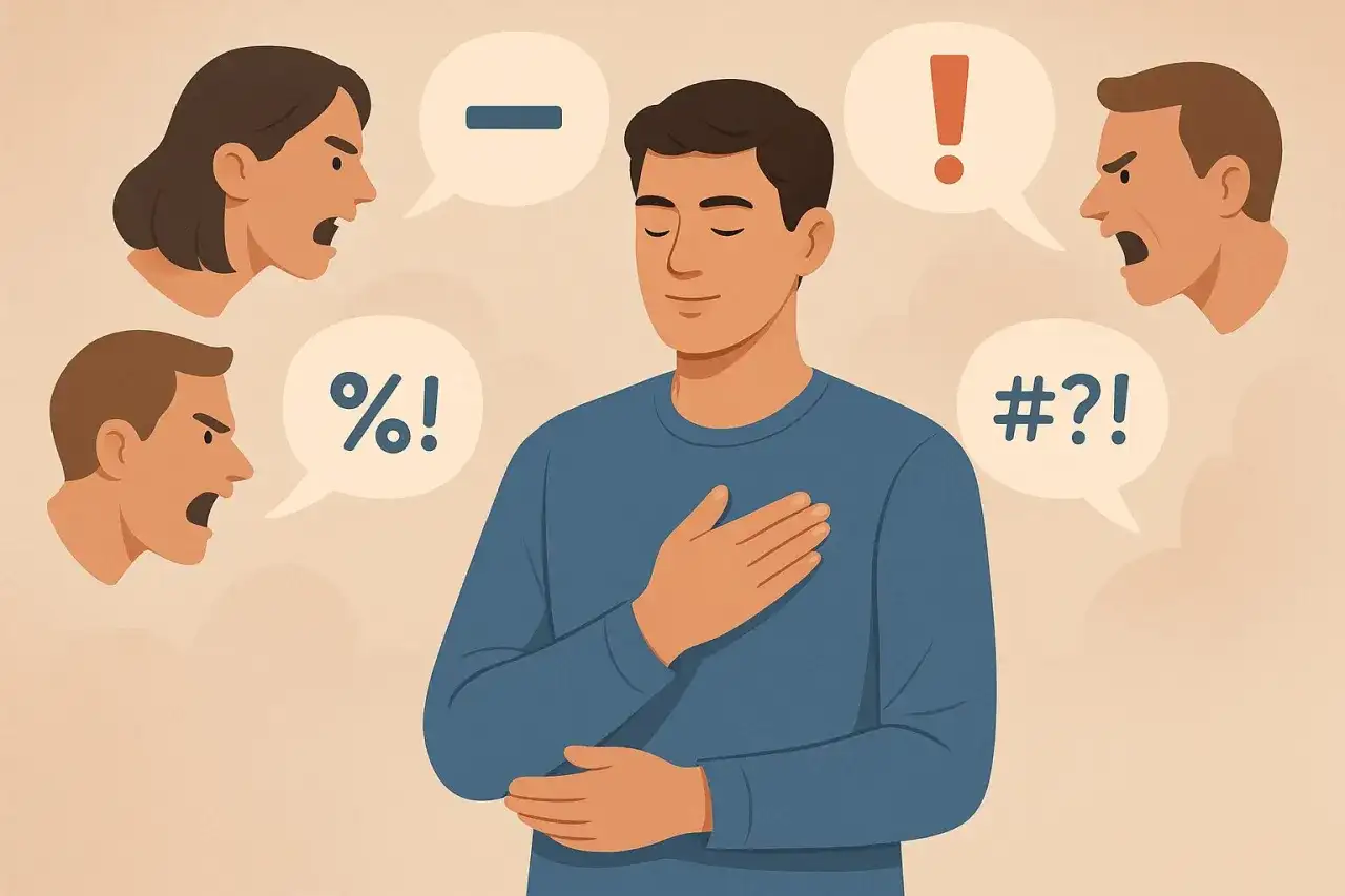 Spokojny mężczyzna z ręką na sercu ignoruje krzyczące postacie i symbole, ucząc, jak nie oceniać innych.