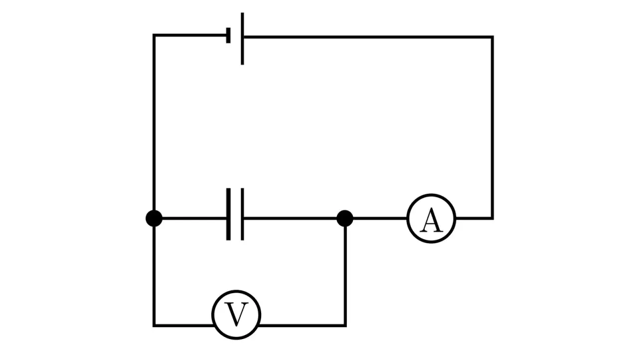 Schemat obwodu elektrycznego z kondensatorem, amperomierzem i woltomierzem. Woltomierz mierzy symbol napięcia na kondensatorze.