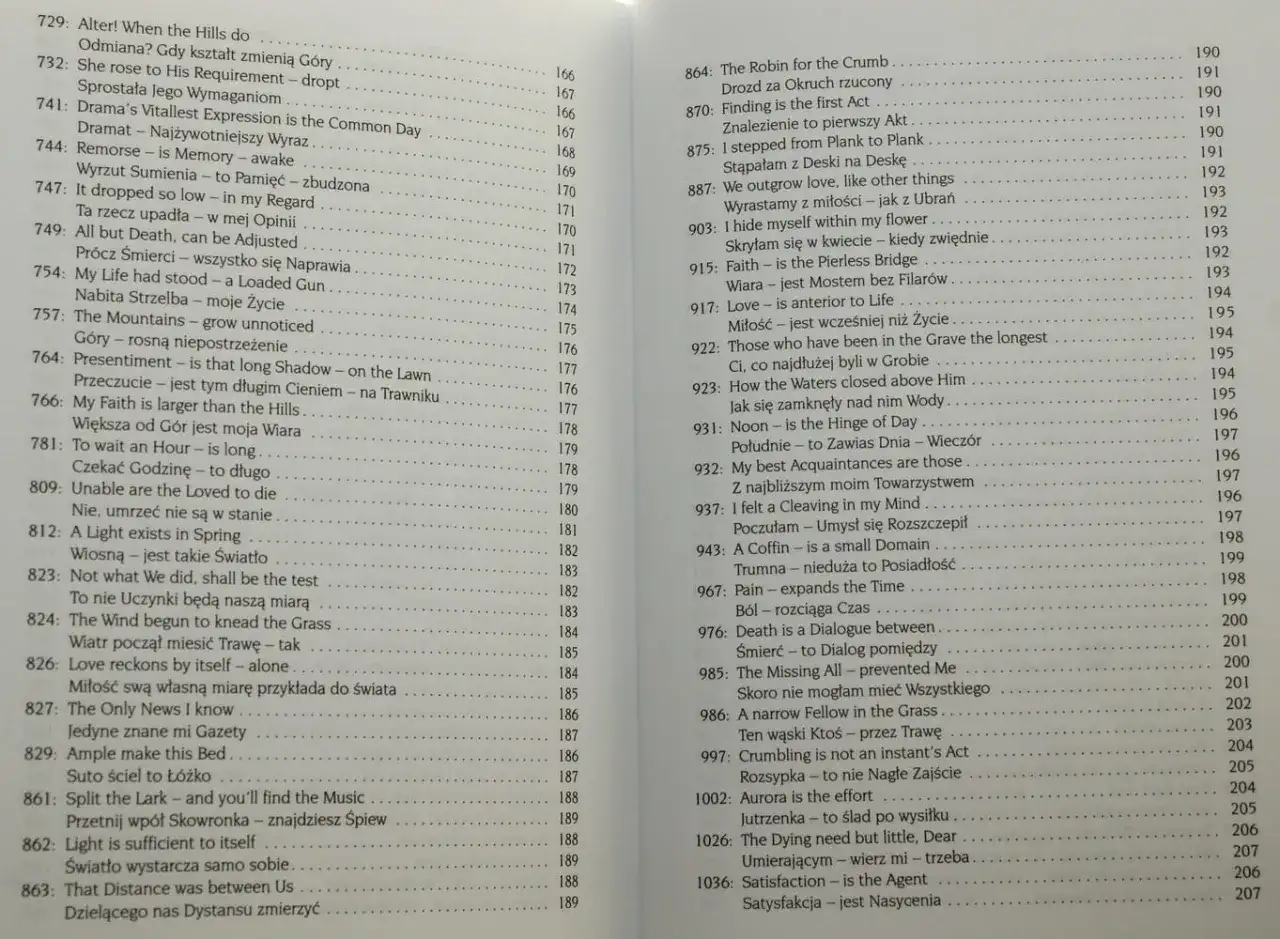 Spis wierszy Emily Dickinson, m.in. "Faith is the Pierless Bridge" i "The Dying need but little, Dear".